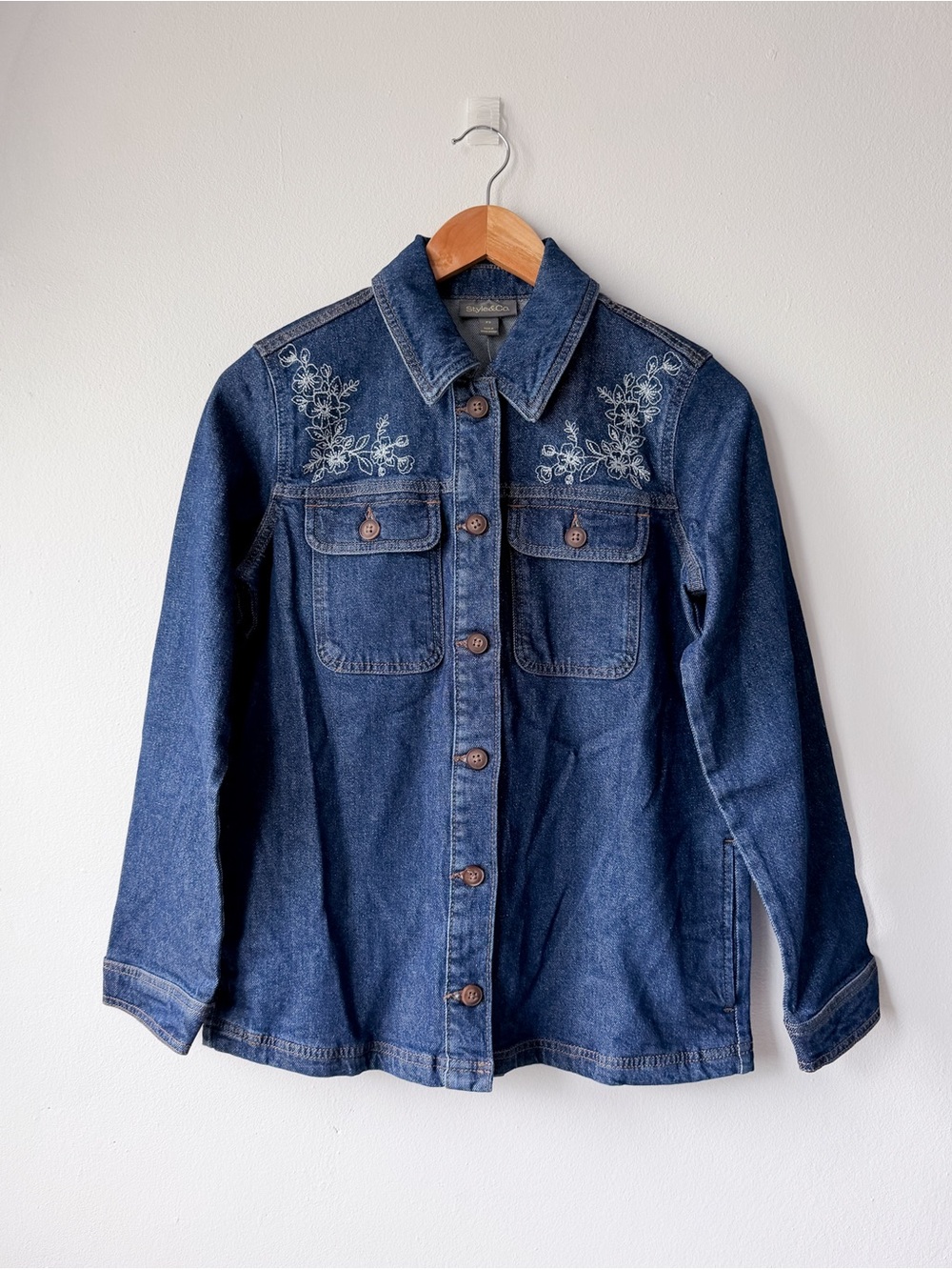 Style & Co. Dark Blue Denim Button-Down Shirt with White Floral Embroidery